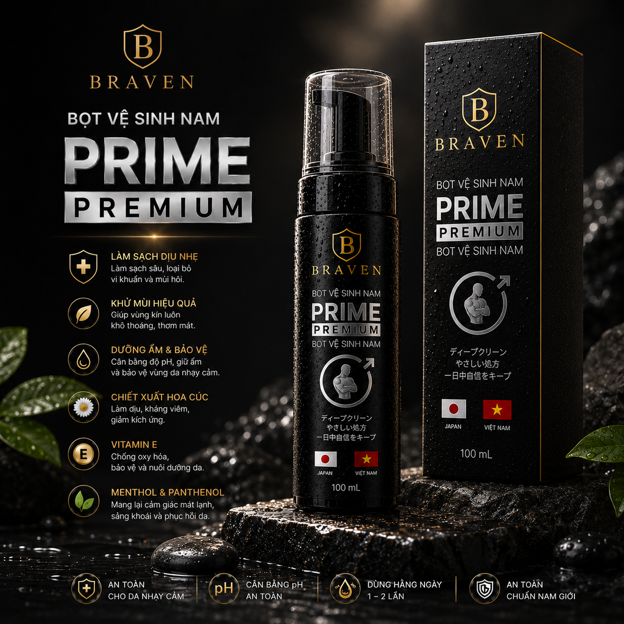 BRAVEN PRIME PREMIUM FOAM – Bọt Vệ Sinh Nam Cao Cấp, Hương Premium Nam Tính, Sạch Thoáng Tự Tin
